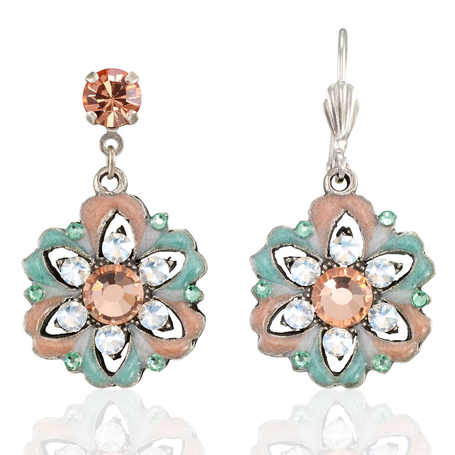 Starburst Peach & Green Crystal Flower Pendant Earring