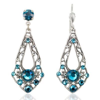 Filigree Open Scroll Teal Green Dangle Crystal Earring