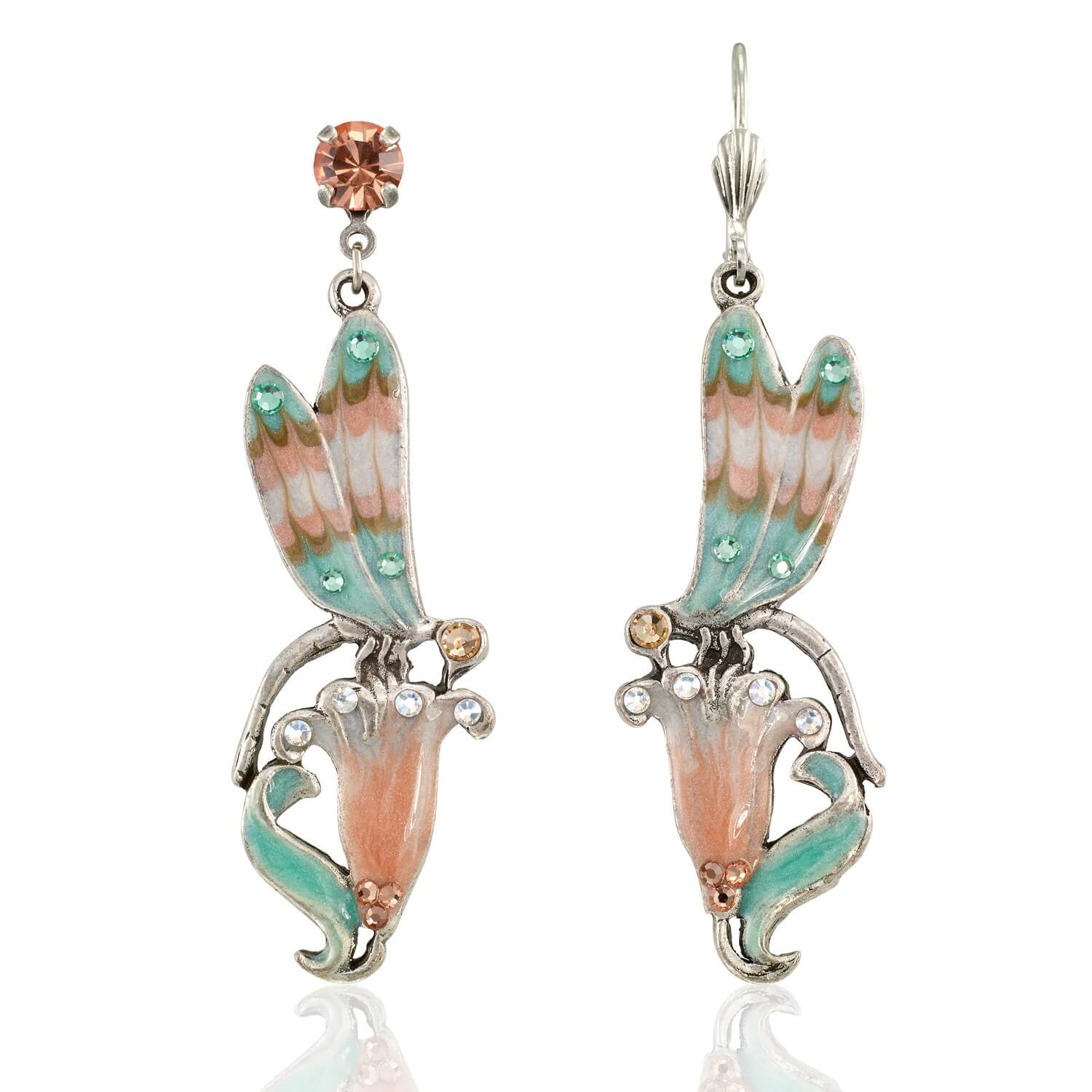 Flowering Meadow Green & Peach Dragonfly Crystal Earring