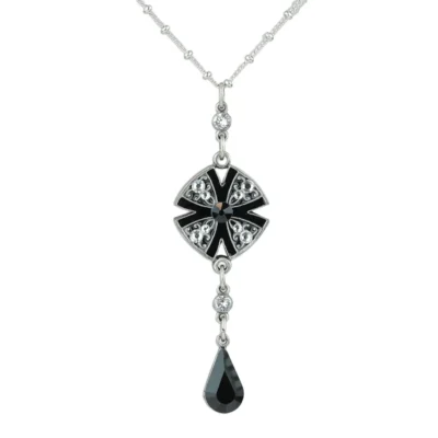Art Deco Black and Crystal Pendant Teardrop Necklace