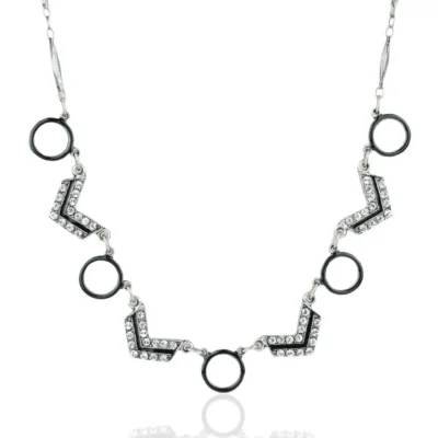 Black and Crystal Art Deco Circle Chevron Collar Necklace