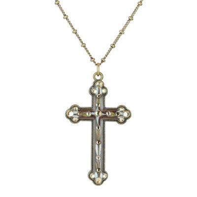 Cocoa Brown and Ivory Unique Enameled Crystal Cross Necklace