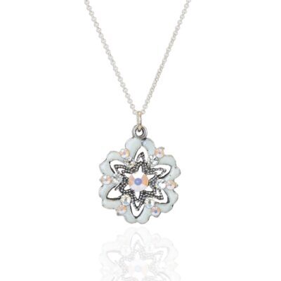 Ivory Trimmed Pink Crystal Flower Pendant Necklace
