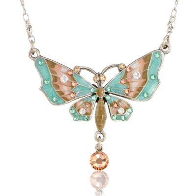 Pastel Green & Peach Elegant Butterfly Crystal Drop Necklace