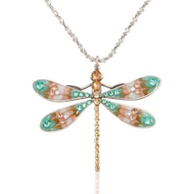 Meadow Green & Peach Large Dragonfly Crystal Necklace