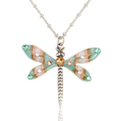 Misting Garden Green & Peach Dragonfly Crystal Necklace