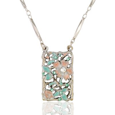 Green & Peach Art Nouveau Garden Crystal Flower Necklace