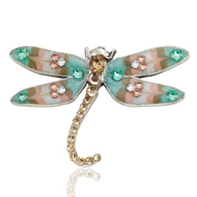Meadow Green & Peach Spring Dragonfly Crystal Brooch