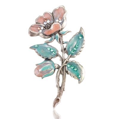 Meadow Green & Peach Spring Flower Budding Crystal Brooch