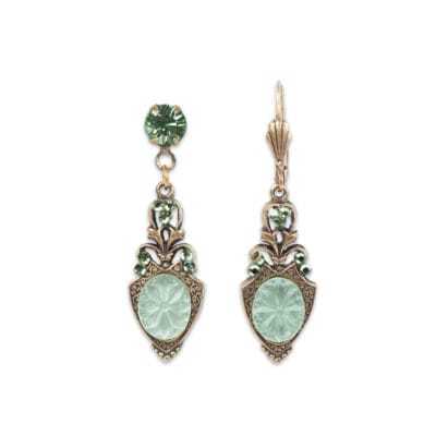 Etched Light Green Oval Shape Glass and Crystal Earrings 