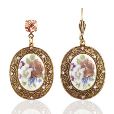 Anne's Vault Forever Oval Frame Glass Floral Crystal Earring