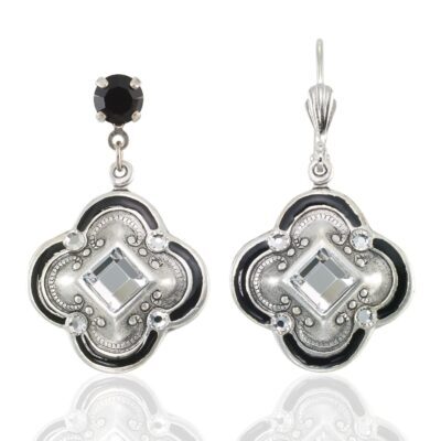 Victorian Black Framed Silver Quatrefoil Crystal Earring