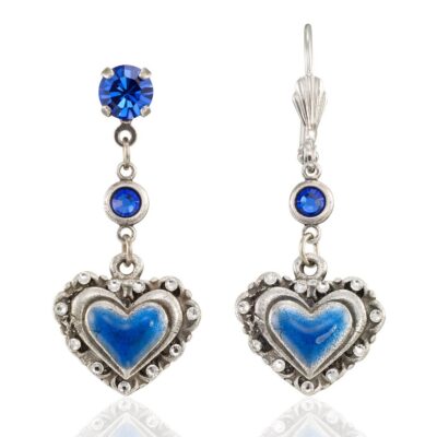 Blue Double Heart Filigree Charm Crystal Dangle Earring