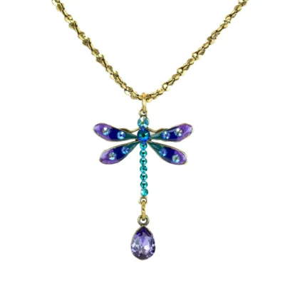 Purple and Iridescent Green Dragonfly Crystal Drop Necklace