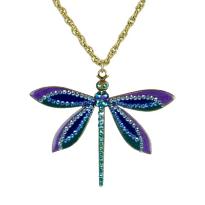 Purple and Iridescent Green Petal Dragonfly Crystal Necklace