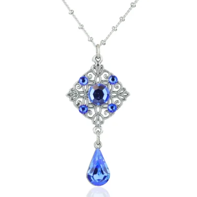 Classic Blue Filigree Crystal Teardrop Filigree Necklace