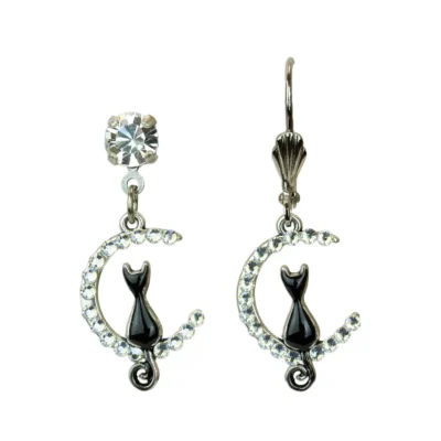 Cat and Moon Crystal Earrings