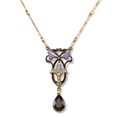 Art Nouveau Mocha Brown and Lavender Crystal Drop Necklace