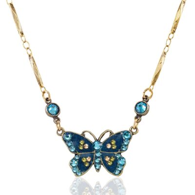 Teal Artisanal Golden Accented Butterfly Crystal Necklace