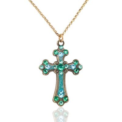 Graciously Green Scrollwork Crystal Cross Necklace
