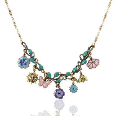 Springtime Garden Whimsical Vine Crystal Charm Necklace
