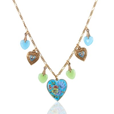 Floral Turquoise and Green Crystal Heart & Charm Necklace