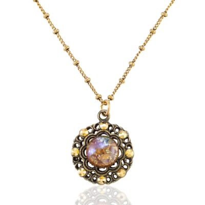 Vintage Inspired Filigree Golden Cabochon Crystal Necklace