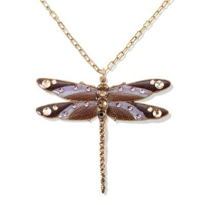 Large Mocha and Lavender Dragonfly Crystal Necklace