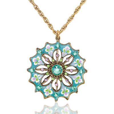 Brite Turquoise Purple Flower Bloom Long Crystal Necklace