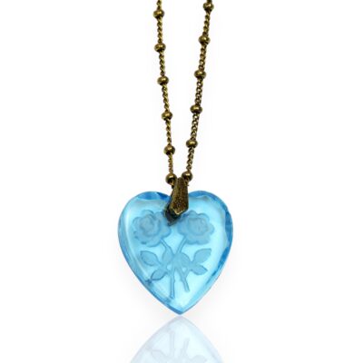 Aqua Vintage Floral Etched Glass Heart Pendant Necklace