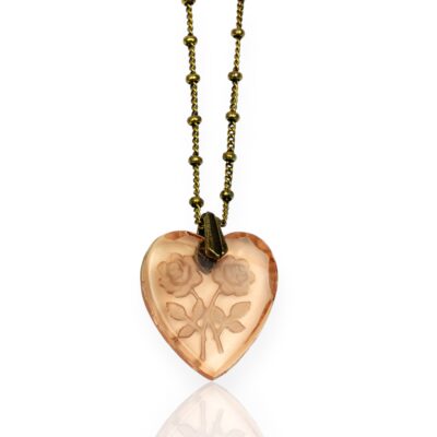 Peach Vintage Floral Etched Glass Heart Pendant Necklace