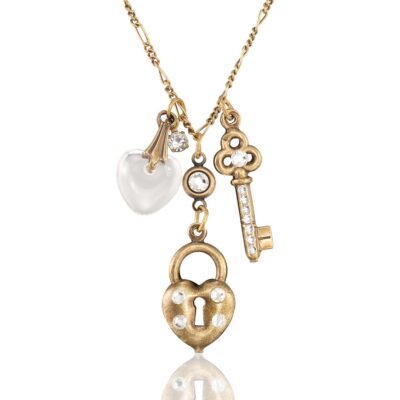 Glass Heart Lock & Key Crystal Charm Jumble Necklace