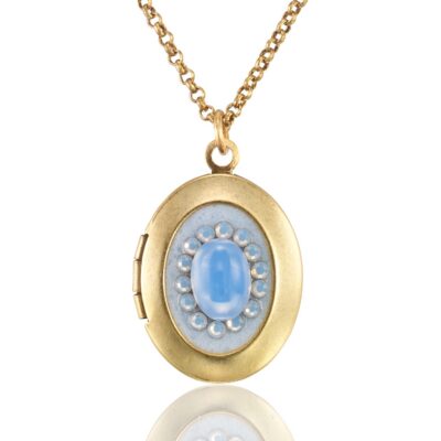 Vintage Inspired Oval Light Blue Crystal Locket Necklace