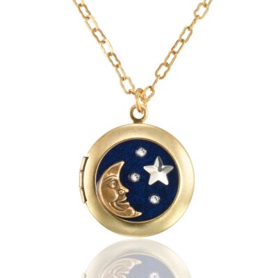 Celestial Night Sky Moon and Stars Crystal Locket Necklace