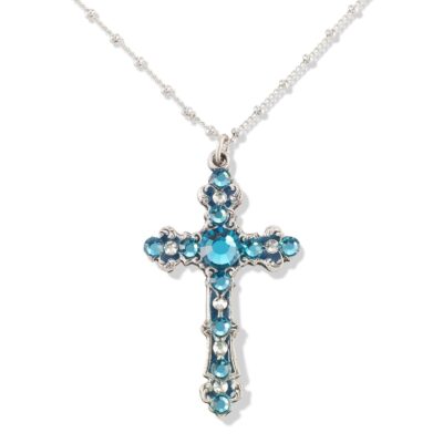 Vintage Scrollwork Inspired TealGreen Crystal Cross Necklace