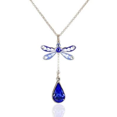 Blue and White Flowering Teardrop Crystal Dragonfly Necklace