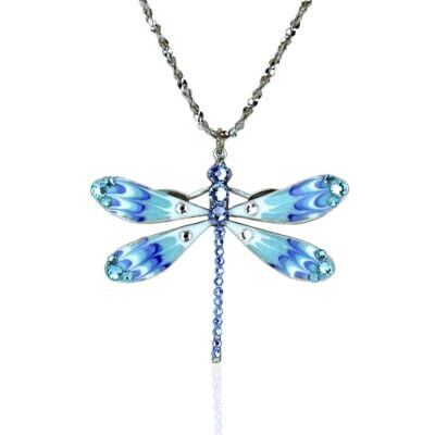 Large Turquoise Blue White Enamel Crystal Dragonfly Necklace