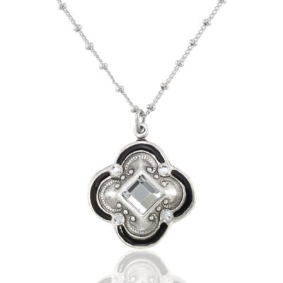 Victorian Black Framed Silver Quatrefoil Crystal Necklace