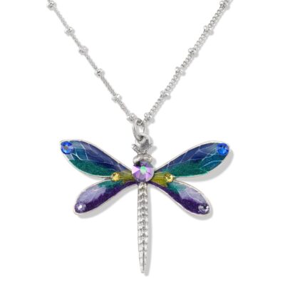 Blue Green Purple Cool Tone Dragonfly Crystal Charm Necklace