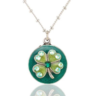 Hope Faith Love & Luck 4 Leaf Clover Round Crystal Necklace