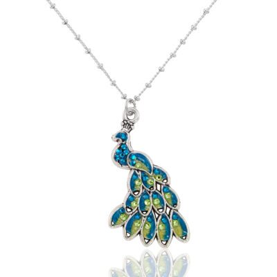 Majestic Peacock Blue & Green Tail Feather Crystal Necklace