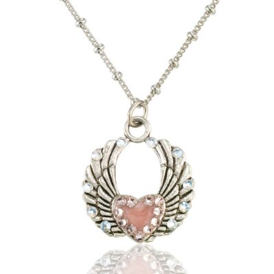 Pink Eternal Sacred Heart Open Wing Love Crystal Necklace