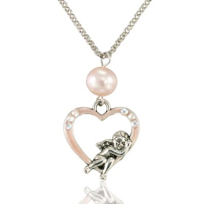 Eros Everlasting Love Pink Pearl Crystal Open Heart Necklace