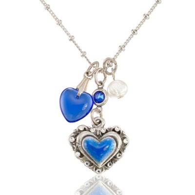 Blue Double Heart Filigree Charm Crystal Jumble Necklace