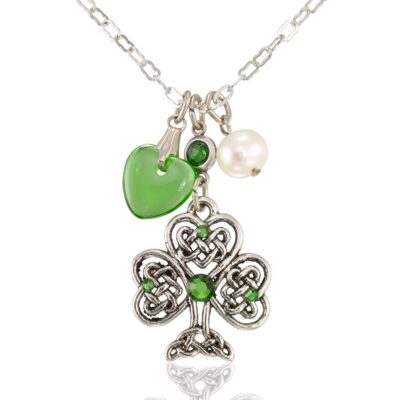 Celtic Trinity Shamrock Heart Charm Crystal Necklace