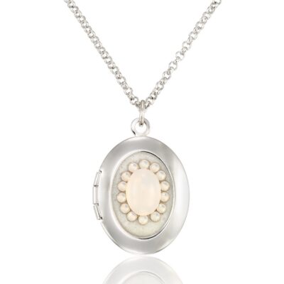 Vintage Inspired Oval White Linen Crystal Locket Necklace