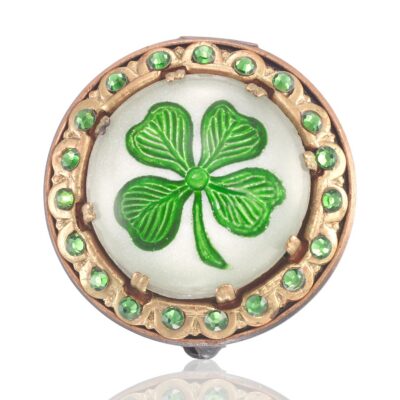 Fairy Finding Four Leaf Glass Clover Crystal Luck Brooch