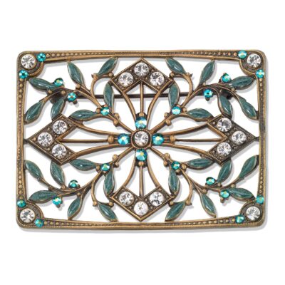Green Vine Leaf Trellis Crystal Brooch