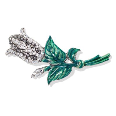 Crystal Encrusted Rose Bud Green Stem Leaf Brooch