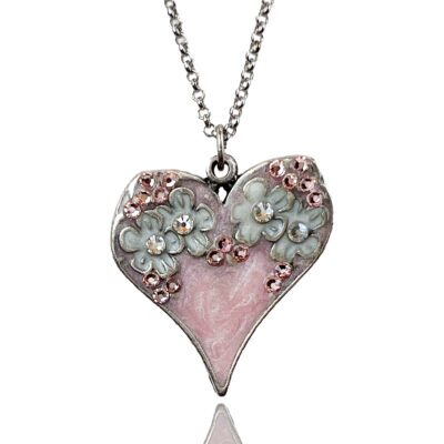 Pink Garden of Love Crystal Flower Heart Charm Necklace